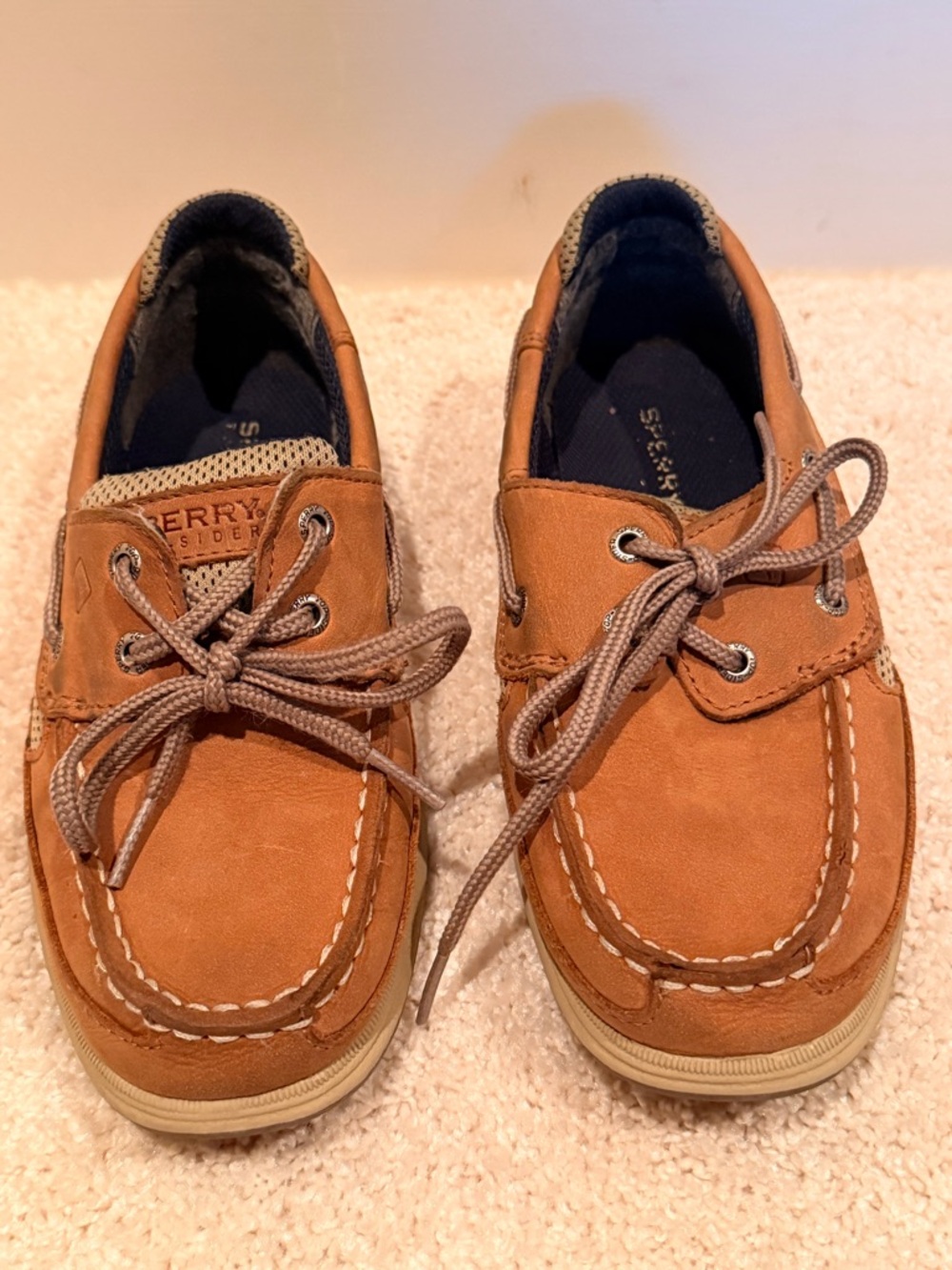 Sperry Lanyard Dark Tan/Navy Leather Boat Shoes with Brown Laces Boys Size 2